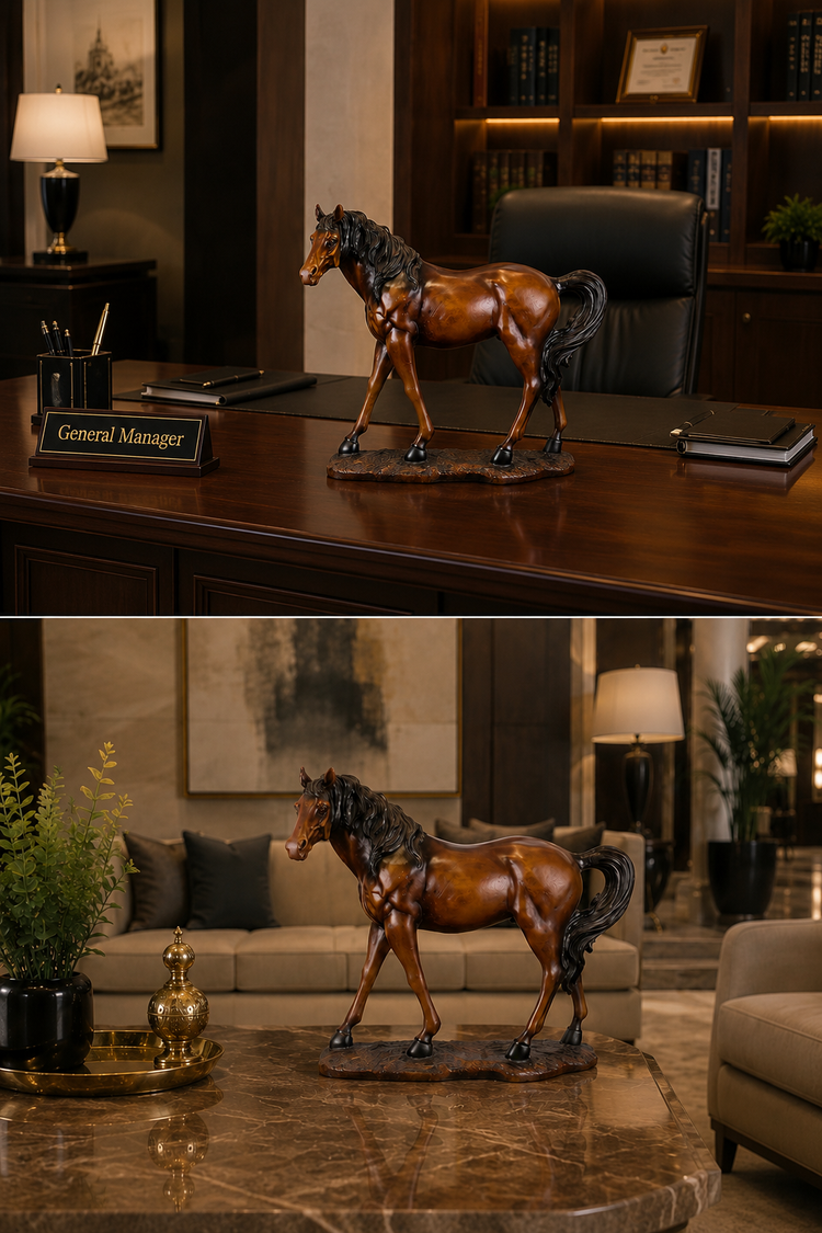 A brown and black horse figurine statue displayed on a dark wooden desk in an office setting, with a second view of the same figurine placed on a marble table in a living room.