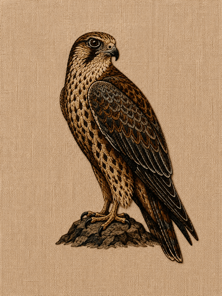 A detailed illustration of a falcon perched on a small rock, rendered in brown, beige, black, and gray tones on a textured tan background.