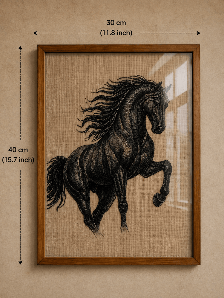 Framed wall art featuring a black horse illustration on a tan textured background, shown with dimension arrows and labels indicating 30 cm width and 40 cm height.