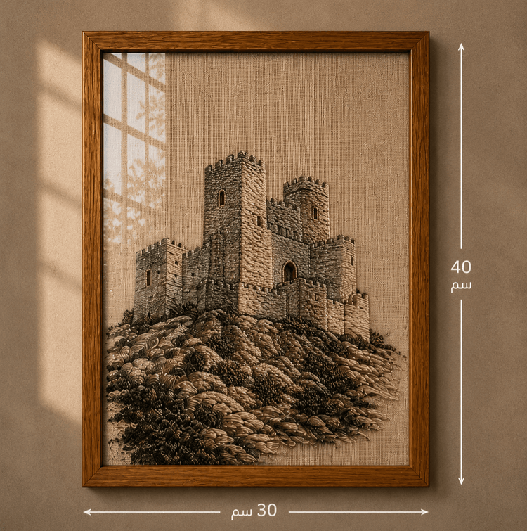 Framed wall art showing a stone castle on a rocky hill, mounted on a beige wall with shadow light from a window. White dimension arrows indicate 30 cm width and 40 cm height.