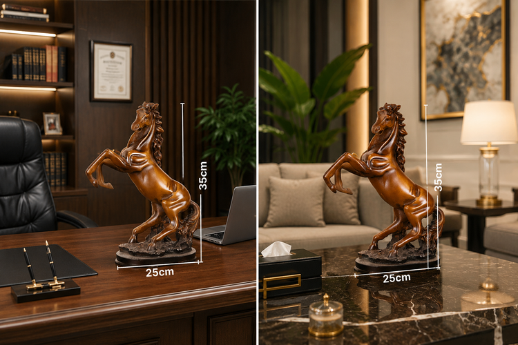 A bronze-colored rearing horse desk statue shown in two interior settings, with overlaid dimension lines indicating 25 cm width and 35 cm height. The left scene shows the statue on a wooden desk in an office-like room, and the right scene shows it on a marble table in a living room setting.

