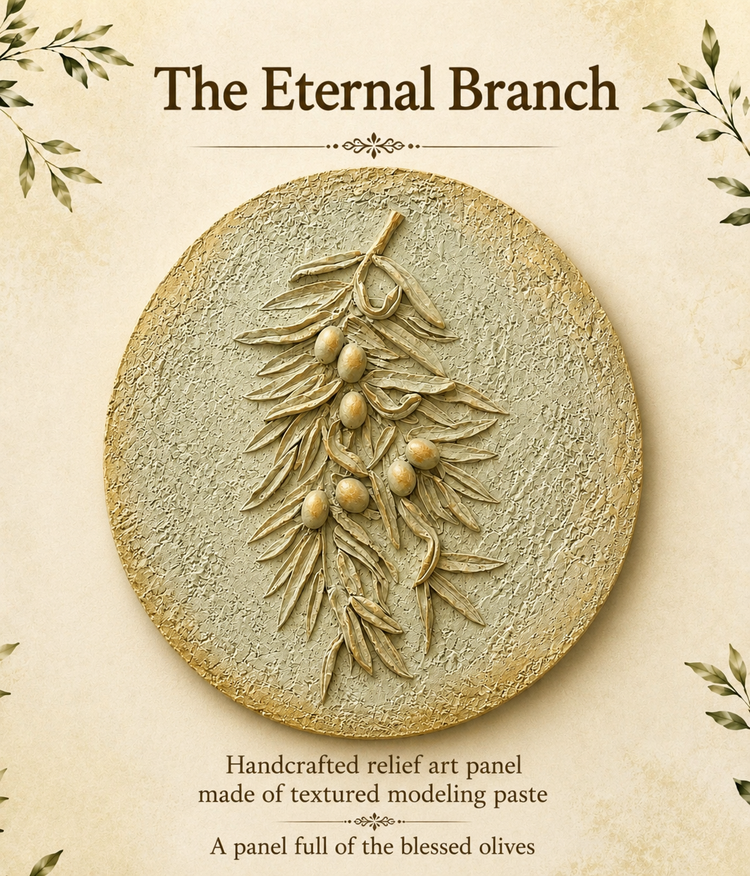 A circular textured modeling paste relief art panel featuring a handcrafted olive branch with olives, presented on a warm beige background with decorative text and leaf borders.

