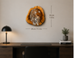 A decorative wood slice wall art piece featuring a carved eagle design, shown mounted on a beige wall above a desk. Black dimension lines and text indicate the piece is 29 cm by 30 cm (11.

