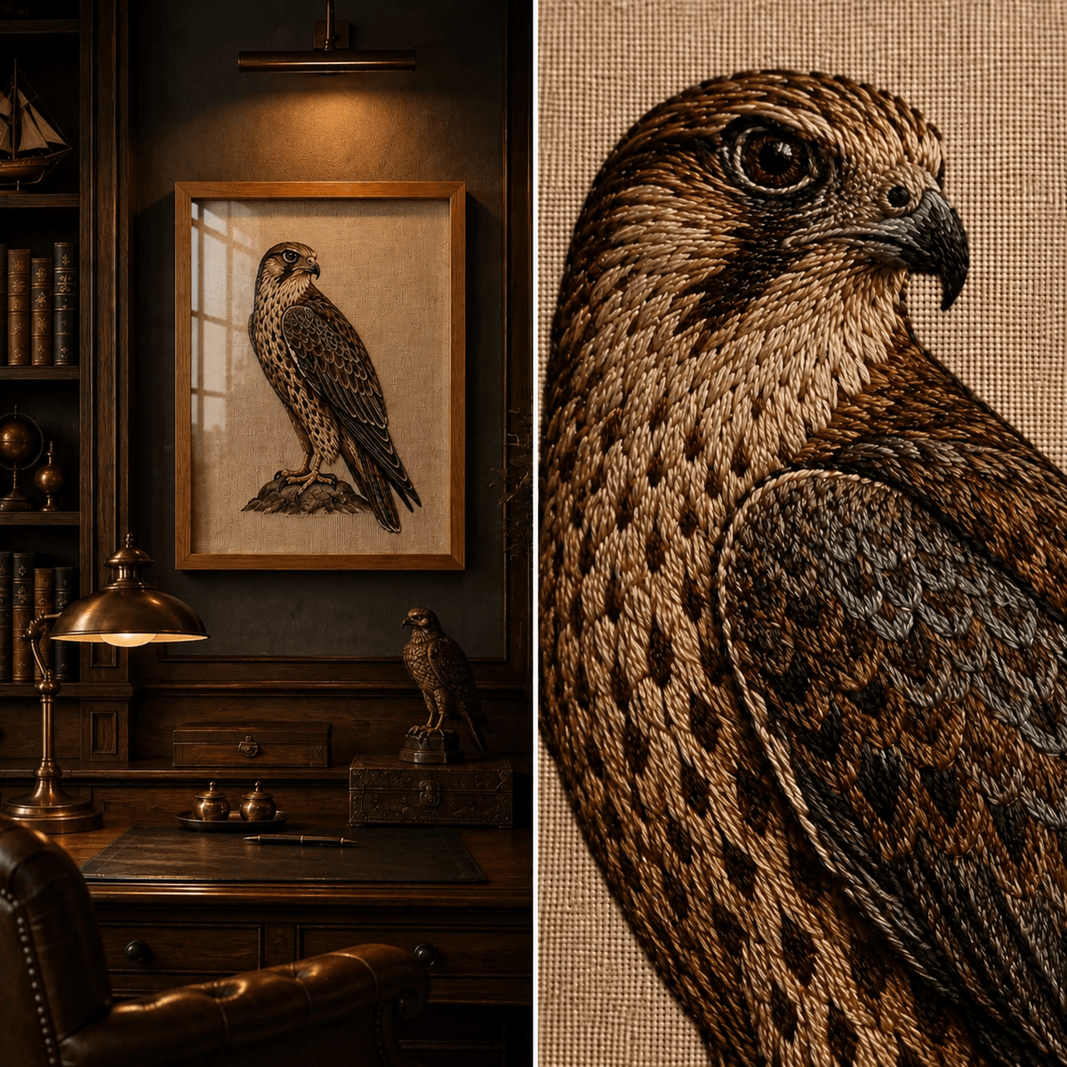 A framed bird-of-prey artwork shown in a dark wood study interior on the left, with a close-up of the same artwork on textured fabric on the right.

