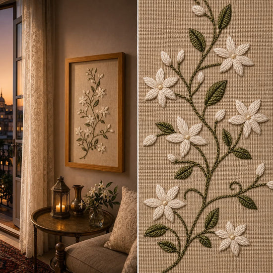 A framed floral embroidery hanging on a wall in a styled interior, shown alongside a close-up detail of the embroidery. The design features white embroidered flowers and buds with green stems and leaves on a beige textured background, enclosed in a light wood frame.


