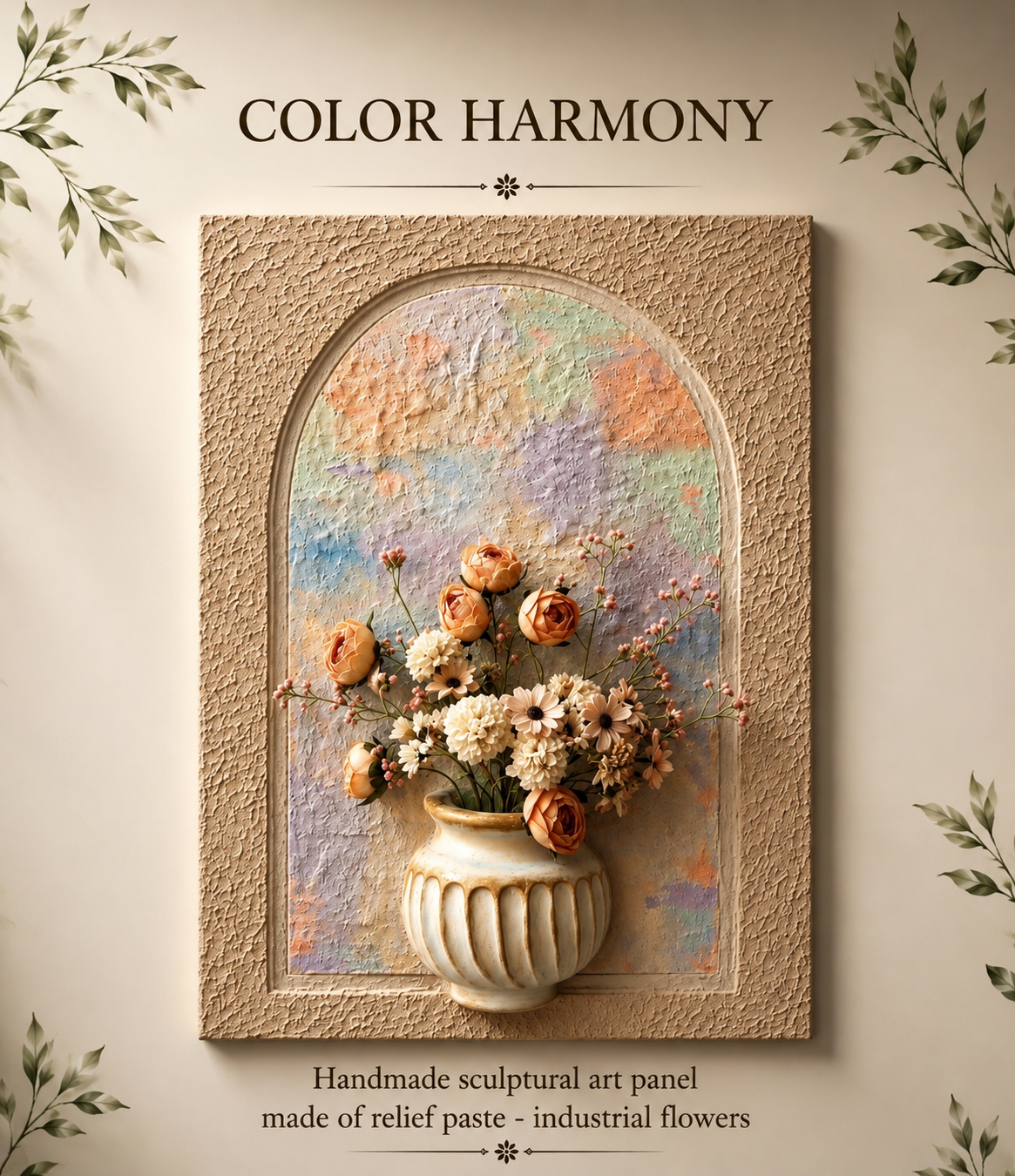 A framed wall art panel with an arched floral relief design, featuring cream flowers in a ribbed vase against a pastel multicolor background. The panel is mounted on a beige wall with decorative leafy corners and text reading “COLOR HARMONY” and “Handmade sculptural art panel made of relief paste - industrial flowers.

