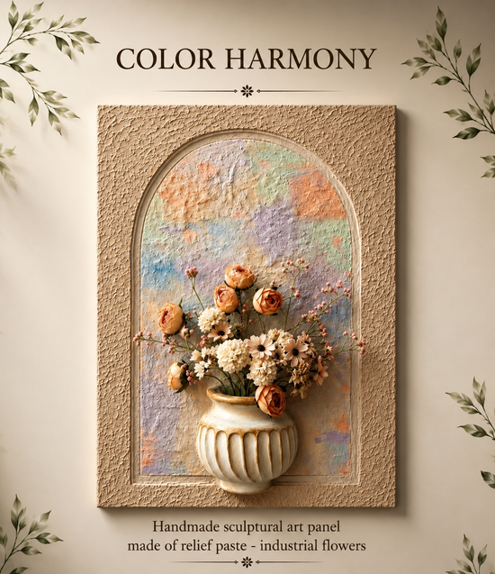 A framed wall art panel with an arched floral relief design, featuring cream flowers in a ribbed vase against a pastel multicolor background. The panel is mounted on a beige wall with decorative leafy corners and text reading “COLOR HARMONY” and “Handmade sculptural art panel made of relief paste - industrial flowers.

