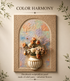 A framed wall art panel with an arched floral relief design, featuring cream flowers in a ribbed vase against a pastel multicolor background. The panel is mounted on a beige wall with decorative leafy corners and text reading “COLOR HARMONY” and “Handmade sculptural art panel made of relief paste - industrial flowers.

