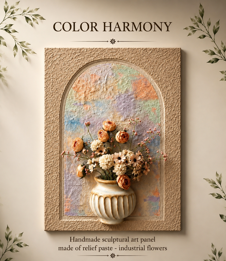 A framed wall art panel with an arched floral relief design, featuring cream flowers in a ribbed vase against a pastel multicolor background. The panel is mounted on a beige wall with decorative leafy corners and text reading “COLOR HARMONY” and “Handmade sculptural art panel made of relief paste - industrial flowers.

