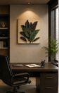 A framed wall art piece featuring three-dimensional dark green leaves mounted on a beige background, displayed in a modern home office setting above a dark wood desk with a black leather chair.

