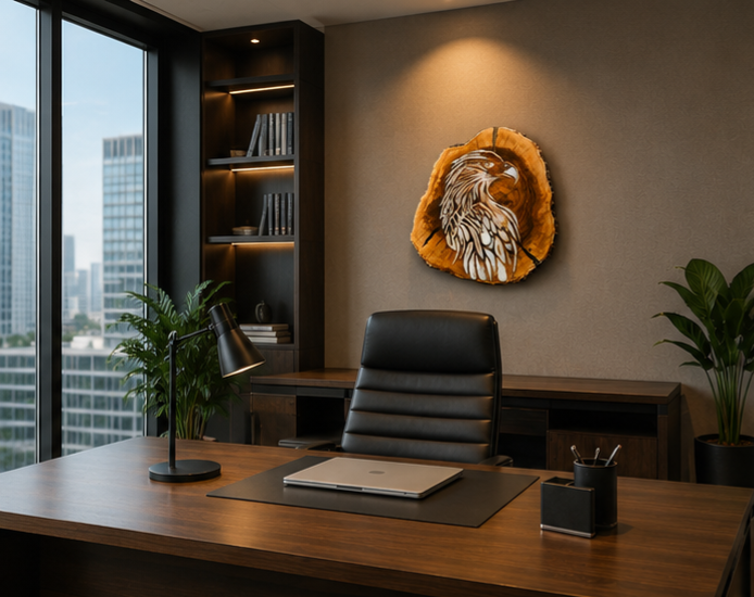 A modern office interior with a large wooden desk, black leather office chair, shelving, plants, and a decorative round wall piece featuring a stylized bird head in warm brown, gold, and cream tones mounted on the wall.

