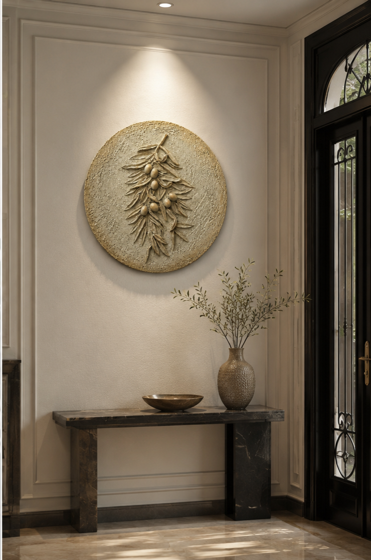 A round textured beige wall art piece featuring a relief of a pine branch with pinecones, mounted on a cream-colored wall above a dark console table with a vase of branches.

