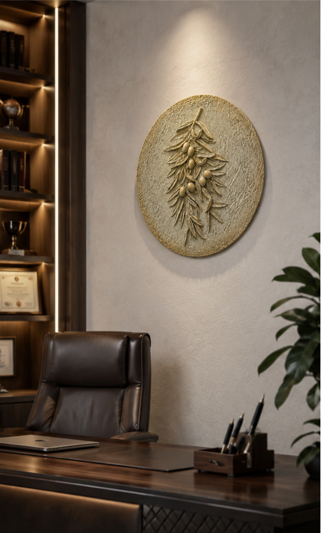 A round textured gold wall art piece featuring a relief design of hanging fruit, mounted on a textured beige wall in a modern office setting with a desk, chair, and shelving.

