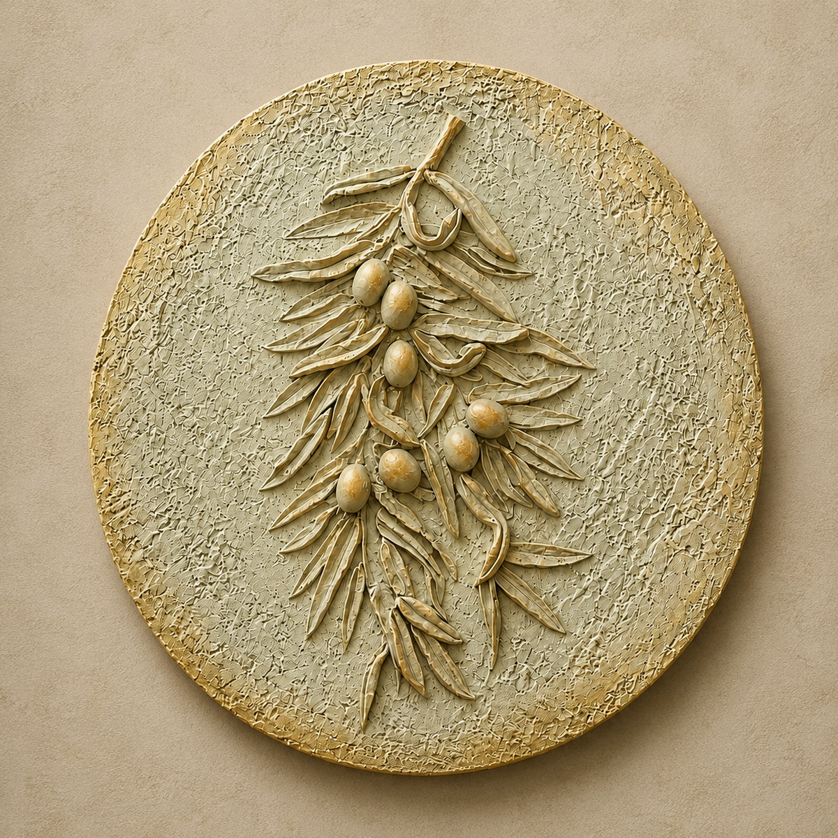 A round textured wall plaque featuring a raised olive branch with small olive fruits, shown against a matching beige background.

