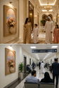 A split-screen comparison showing a large framed wall art piece with an arched floral painting in a luxurious hallway, first with people standing nearby and second in a hospital or office corridor with seated people and signage.

