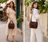 A split-screen lifestyle image showing a woman in two outfits carrying a dark brown knitted shoulder bag with a large bow detail. The left panel shows her in a beige midi dress on a city street, and the right panel shows her in a white blouse and white trousers against a stone wall with white flowers.

