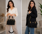 A split-screen lifestyle image showing a woman modeling a black crocheted handbag with gold hardware. On the left, she wears a white blouse and beige trousers, holding the bag.

