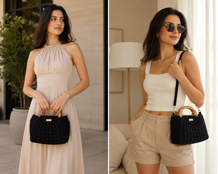 A split-screen lifestyle image showing a woman modeling a black woven shoulder bag. On the left, she wears a beige halter dress and holds the bag with wooden handles.

