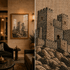 A split-screen presentation showing a framed canvas print of a medieval stone castle in a warm, elegant living room on the left, and a close-up of the textured canvas artwork on the right.


