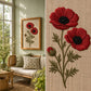A split image showing a framed floral wall hanging in a sunlit living room on the left, and a close-up of the textile embroidery on the right. The floral design features two red poppy-like flowers with dark centers and green stems on a beige woven background.

