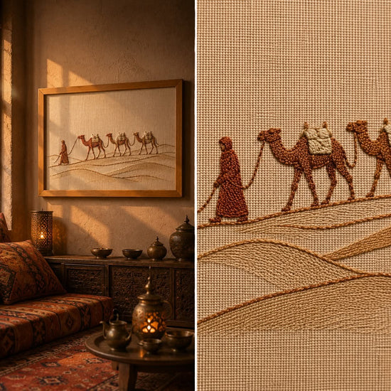 A split view of a framed desert camel caravan artwork hanging in a warm, rustic room on the left, and a close-up of the textile-style artwork on the right. The scene shows tan and brown camels and figures on a beige ground, with the room featuring warm wood tones, patterned textiles, and lanterns.

