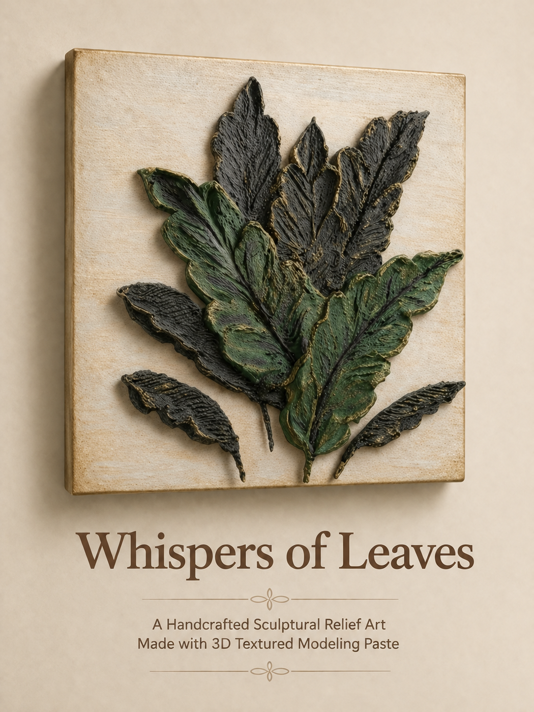 A square relief art plaque featuring textured green and dark charcoal leaves on a warm beige background, shown against a matching beige backdrop with the title &
