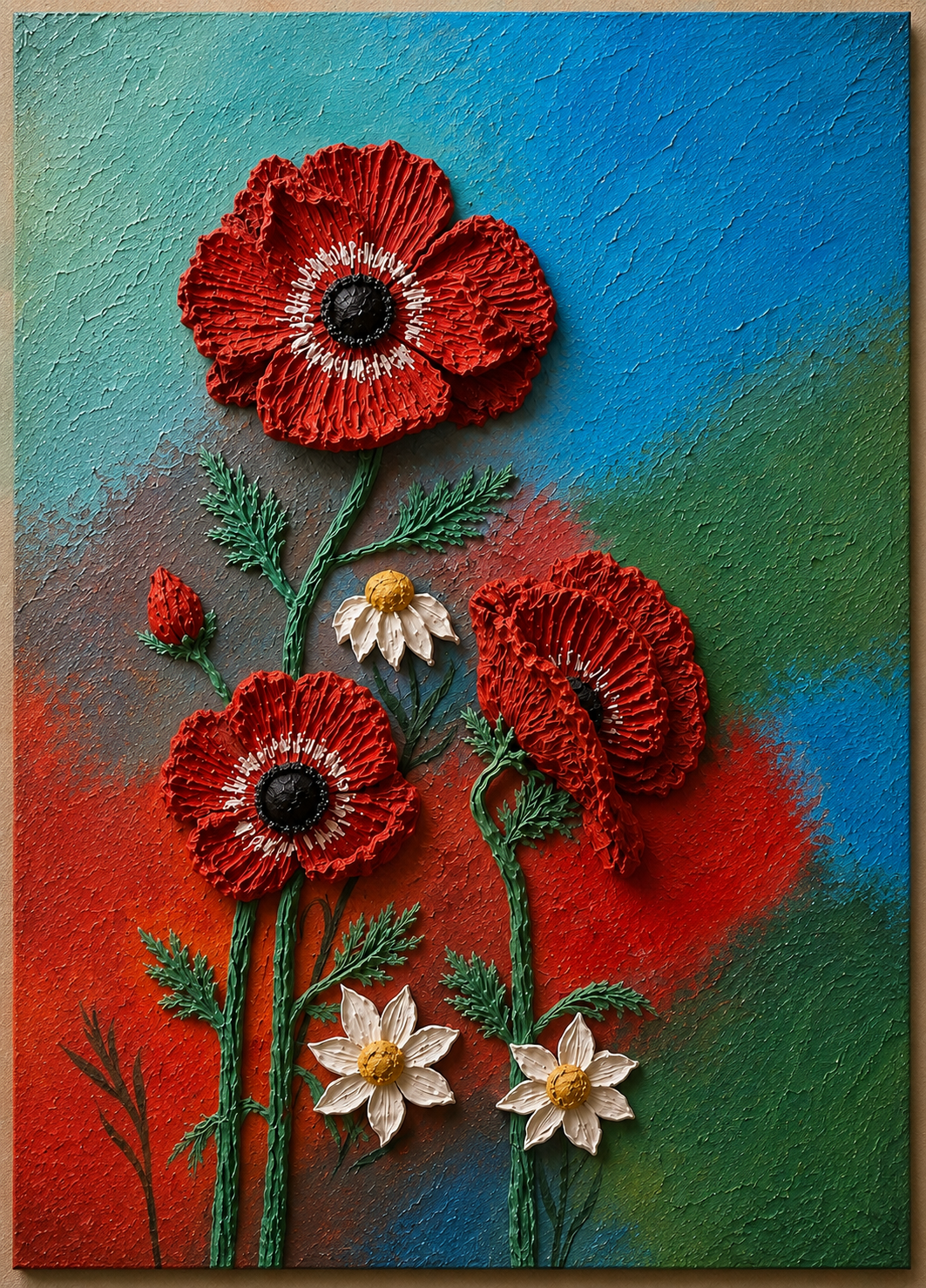 A textured, three-dimensional floral painting or sculpture featuring three prominent red poppies with dark centers, green stems and leaves, and three small white daisy-like flowers against a vibrant blue, red, and green abstract background.

