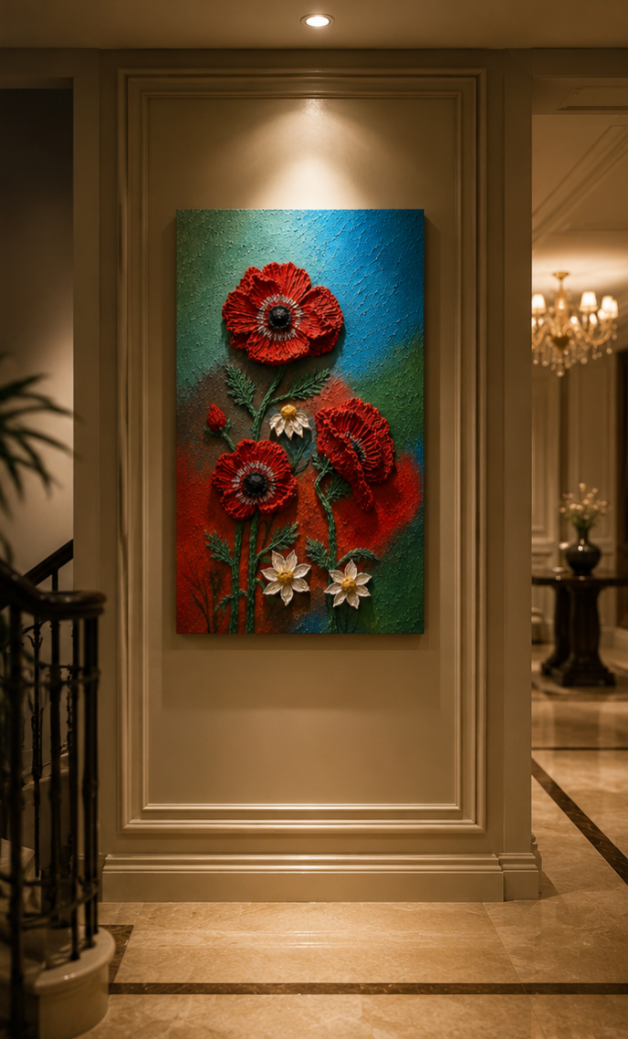 A vertical canvas wall art piece featuring 3D textured red poppies and white flowers on a blue and green background, mounted on a beige wall in a hallway.

