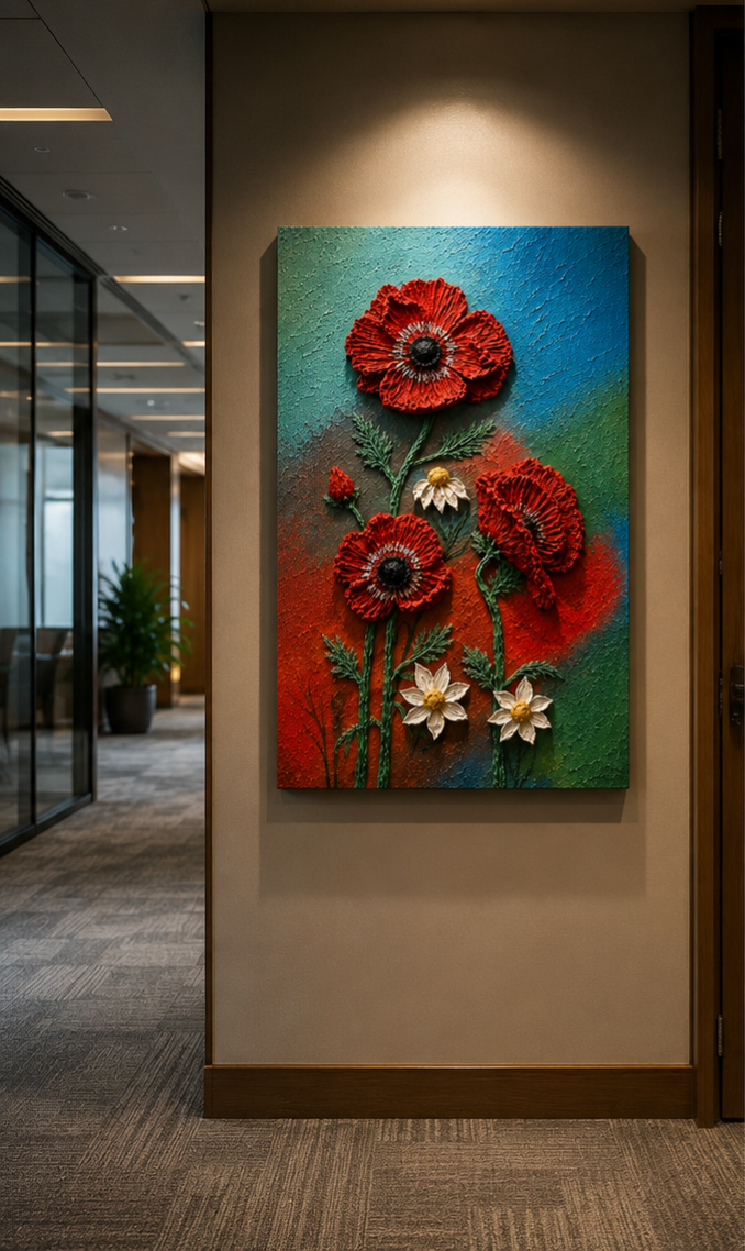 A vertical canvas wall art piece featuring three red poppy flowers with white accents on a textured blue and green background, displayed on a beige wall in an office hallway.

