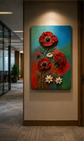 A vertical canvas wall art piece featuring three red poppy flowers with white accents on a textured blue and green background, displayed on a beige wall in an office hallway.

