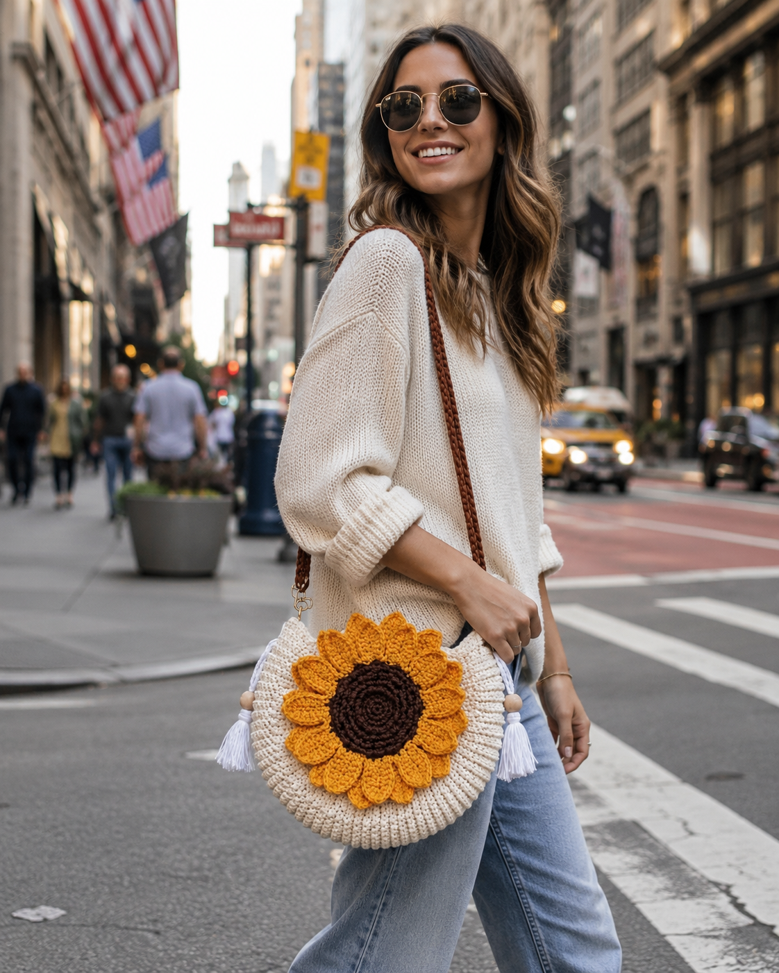 A woman wearing round sunglasses and a cream knit sweater walks on a city street, carrying a round crocheted sunflower crossbody bag with a brown strap.

