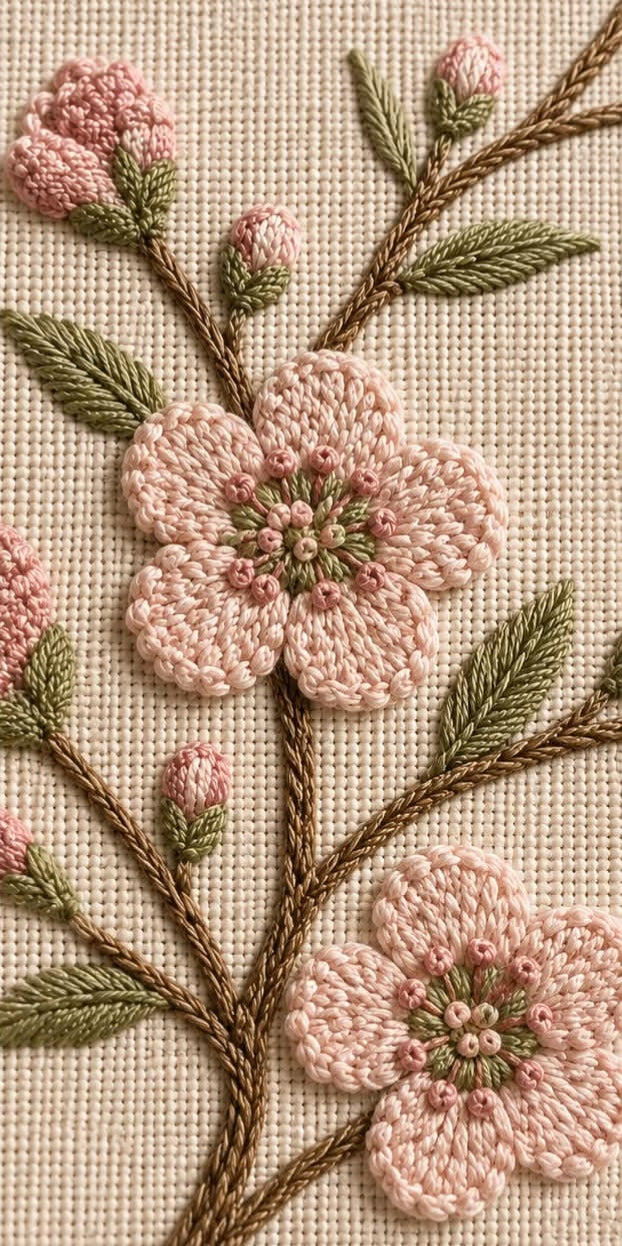 Close-up of a floral embroidered design on a woven beige fabric background, featuring pale pink blossoms, green leaves, and brown stems.

