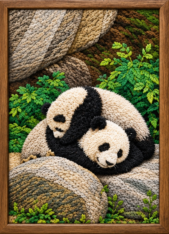 Two Panda Bears – Handmade Embroidered Wall Art