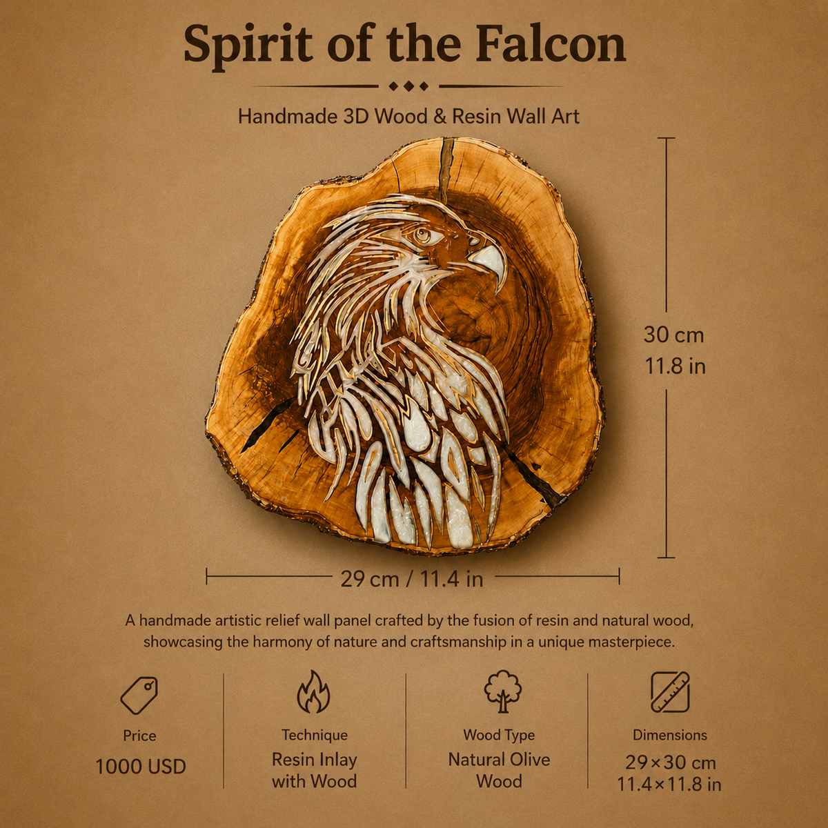Spirit of the Falcon handcrafted 3D wood and resin wall art plaque featuring a detailed falcon carving on a natural wood slice background, shown with dimension lines and product specifications on a brown textured background.

