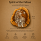 Spirit of the Falcon handcrafted 3D wood and resin wall art plaque featuring a detailed falcon carving on a natural wood slice background, shown with dimension lines and product specifications on a brown textured background.

