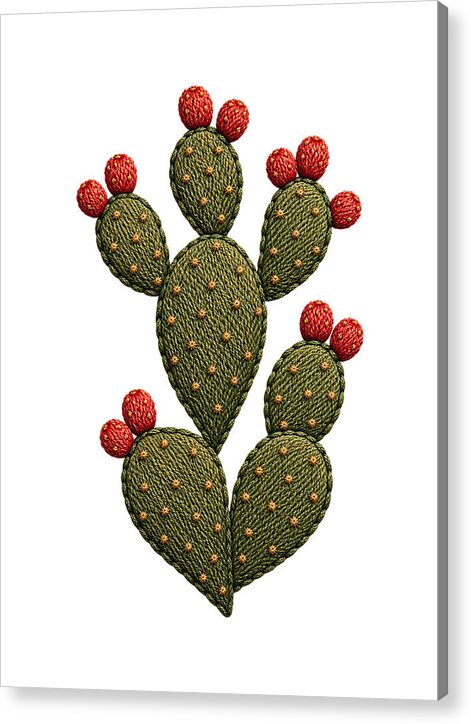 Cactus Embroidered with Red Fruits - Acrylic Print