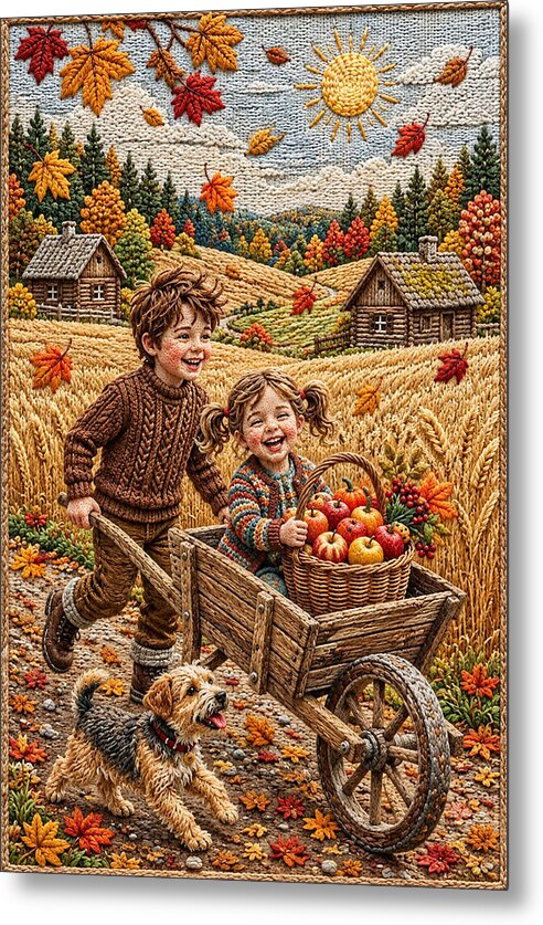 Children Playing in Autumnal Countryside - Metal Print