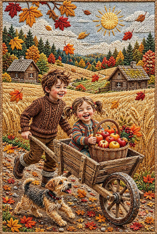 Children Playing in Autumnal Countryside - Art Print