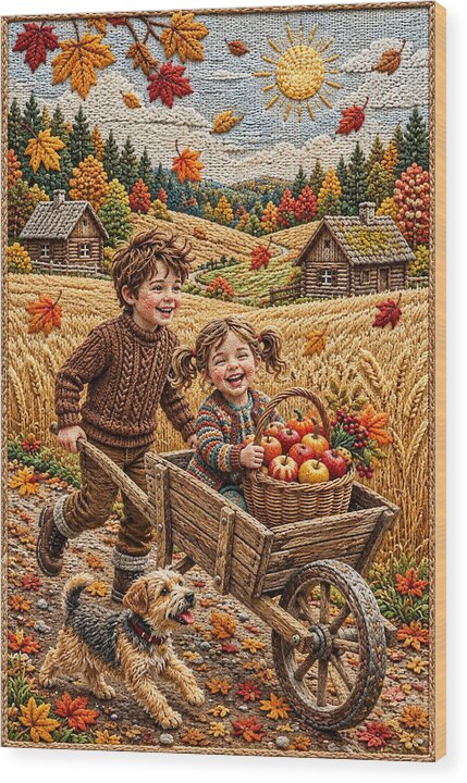 Children Playing in Autumnal Countryside - Wood Print