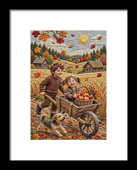 Children Playing in Autumnal Countryside - Framed Print