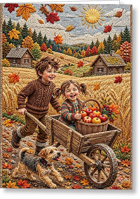 Children Playing in Autumnal Countryside - Greeting Card