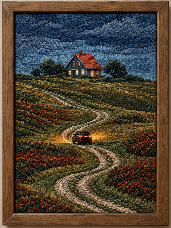 Country Road Home – Handmade Embroidered Wall Art