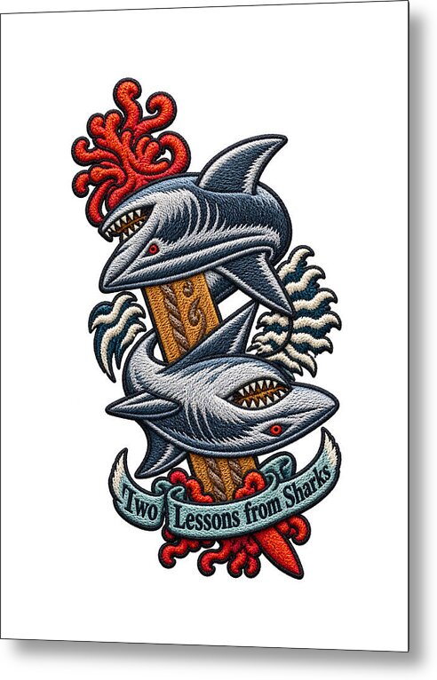 Sharks with Sword and Waves - Metal Print
