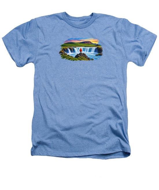 Traveler at Majestic Waterfall - Heathers T-Shirt