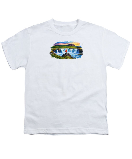 Traveler at Majestic Waterfall - Youth T-Shirt