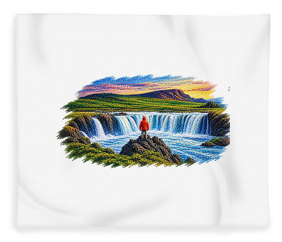 Traveler at Majestic Waterfall - Blanket