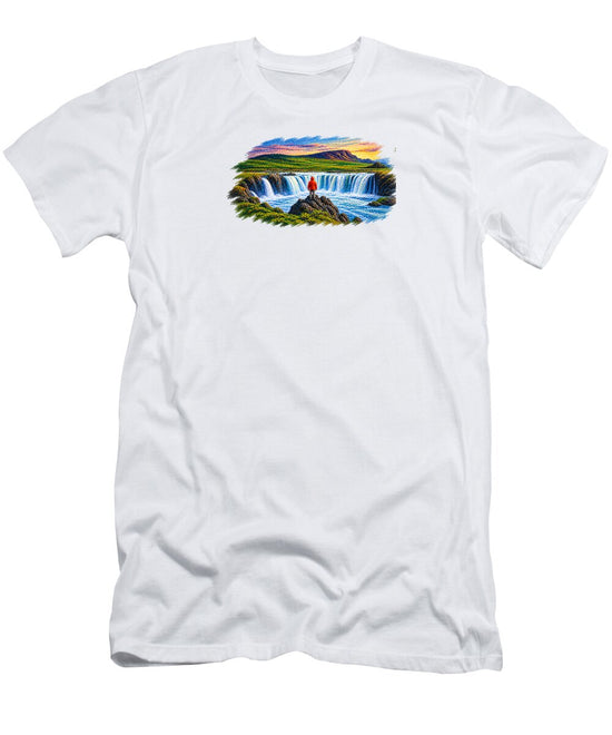 Traveler at Majestic Waterfall - T-Shirt