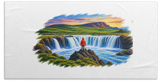 Traveler at Majestic Waterfall - Beach Towel