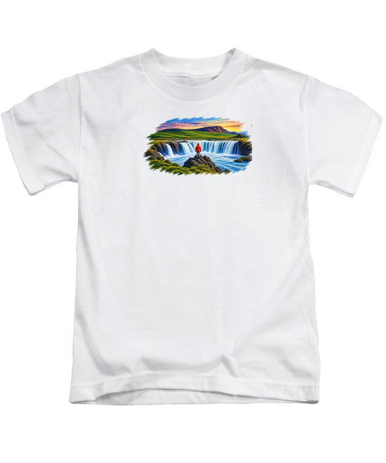 Traveler at Majestic Waterfall - Kids T-Shirt