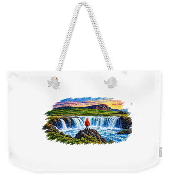 Traveler at Majestic Waterfall - Weekender Tote Bag